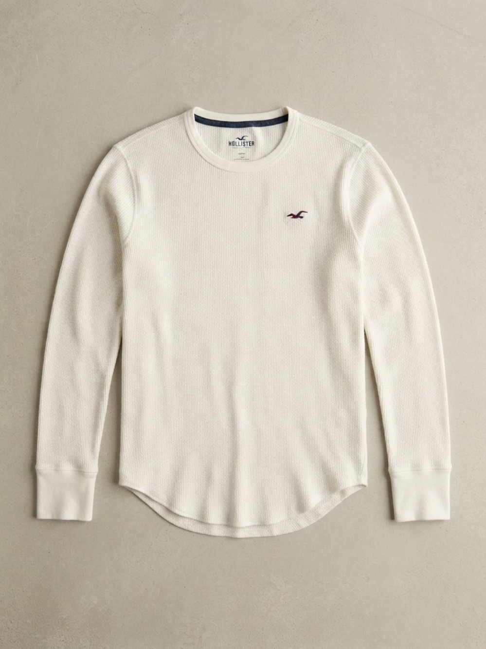 Hollister Men's Cream Waffle Crewneck Sweater with Maroon Logo